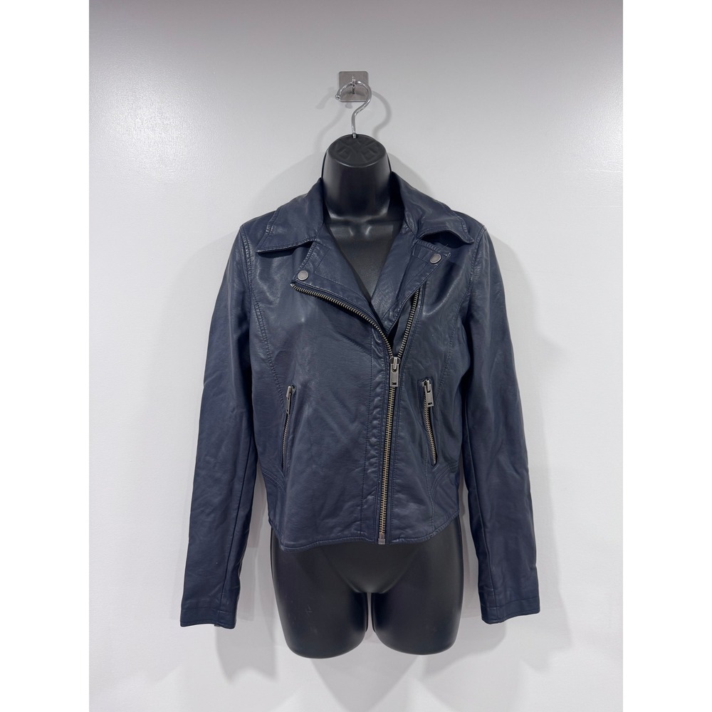 Anthropologie Women Blue Faux Leather Moto Biker Jacket Asymmetric Zip XS